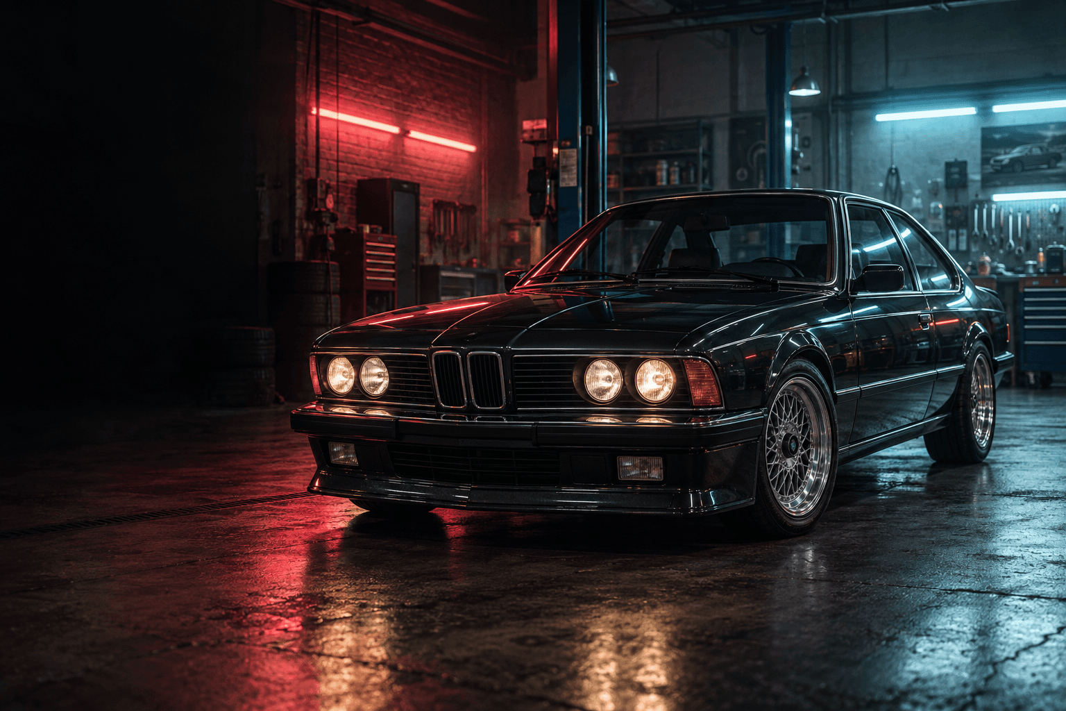 Classic black coupe in a neon-lit garage, concept illustration